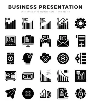 Business Presentation elements. Glyph web icon set. Simple vector illustratio Stock Illustration