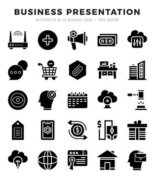 Business Presentation elements. Glyph web icon set. Simple vector illustratio Stock Illustration