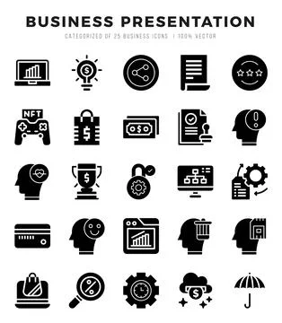 Business Presentation elements. Glyph web icon set. Simple vector illustratio Stock Illustration
