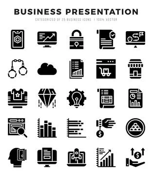 Business Presentation elements. Glyph web icon set. Simple vector illustratio Illustrazione stock