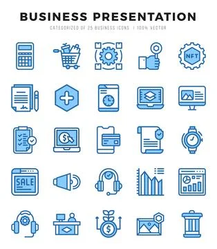 Business Presentation elements. Two Color web icon set. Simple vector illus.. Stock Illustration