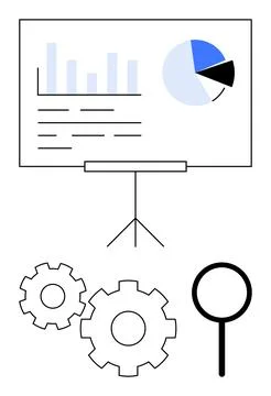 Business Presentation with Gears, Graphs, and Magnifying Glass for Data Analysis Stock Illustration