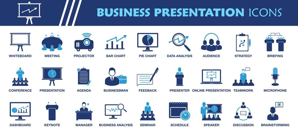 Business Presentation Icon Set. Collection of Whiteboard, Projector, Keynot.. Stock Illustration