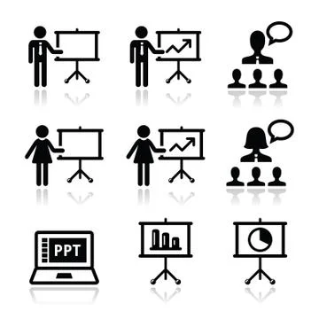 Business presentation, lecture, speech vector icons Stock Illustration
