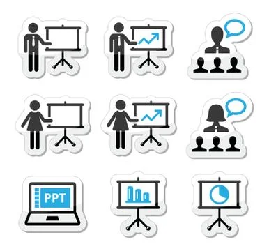 Business presentation, lecture, speech vector icons Stock Illustration
