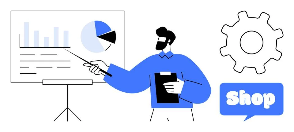 Business Presentation with Man Pointing to Chart and Gear Symbol Stock Illustration