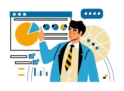 Business presentation. Manager show graphics and charts, planning and Ilustración de archivo