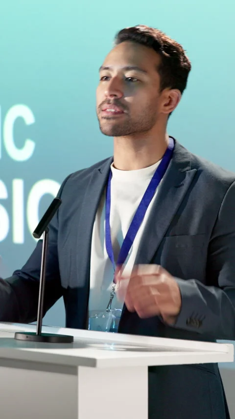 Business, presentation or man at podium with training, speaker address or skill Stock Footage 343728816