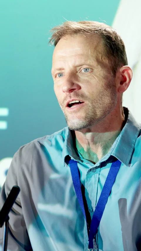 Business, presentation or man at podium with training, speaker address or skill Stock Footage 343729848