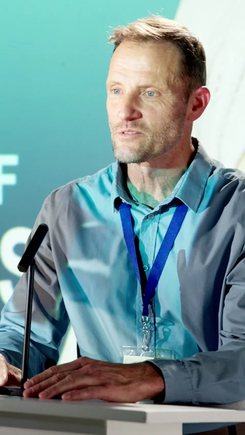 Business, presentation or man on stage with training, speaker address or skill Stock Footage 343706227