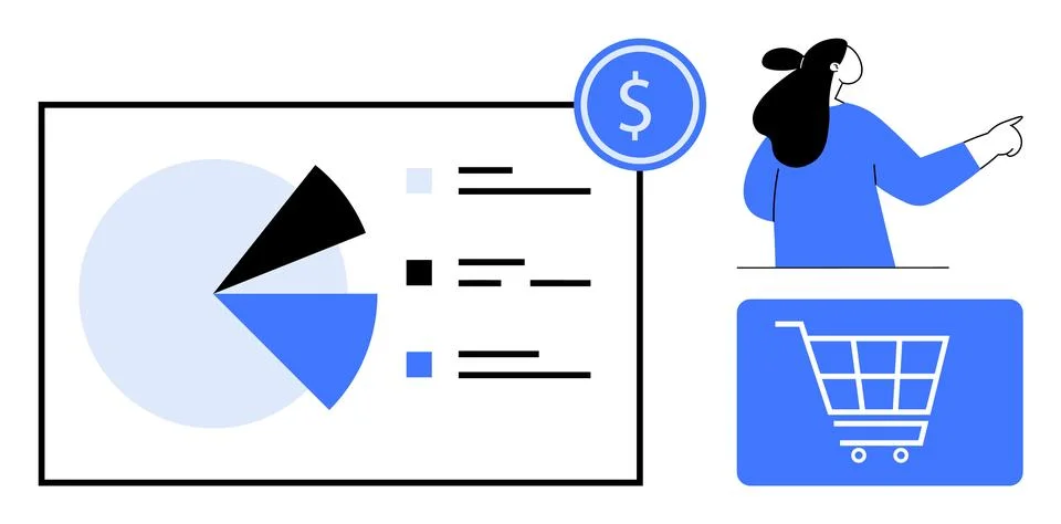 Business Presentation with Pie Chart, Dollar Symbol, and Shopping Cart 스톡 일러스트