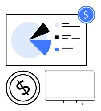 Business Presentation with Pie Chart, Dollar Icons, and Computer Monitor in.. Stock Illustration