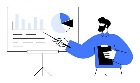 Business Presentation with Speaker Pointing at Chart and Graph on Whiteboard Stock Illustration