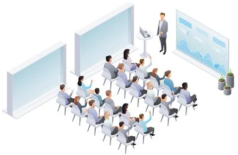 Business presentation, speech. Teamwork presentation conference coworking Stock Illustration