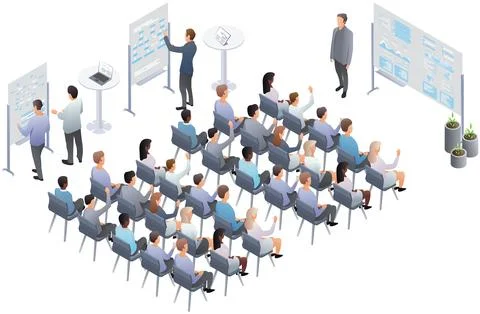 Business presentation, speech. Teamwork presentation conference coworking Stock Illustration