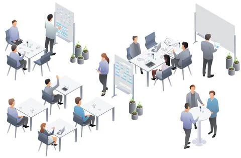 Business presentation, speech. Teamwork set with business presentation Stock Illustration