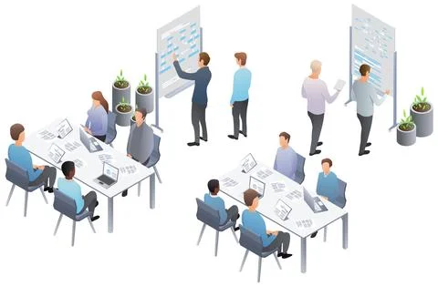 Business presentation, speech. Teamwork set with business presentation Stock Illustration