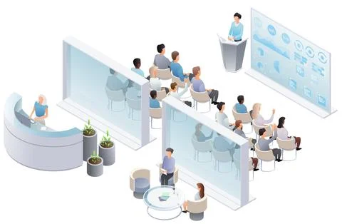Business presentation, speech. Teamwork set with business presentation Stock Illustration