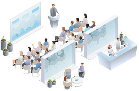 Business presentation, speech. Teamwork set with business presentation Stock Illustration