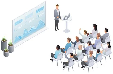 Business presentation, speech. Teamwork set with business presentation Stock Illustration