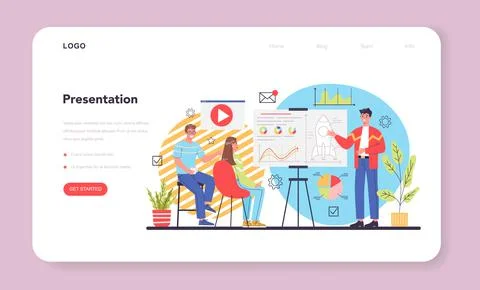 Business presentation web banner or landing page. Businesspeople in front Stock Illustration