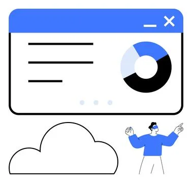 Business presentation window with lines and pie chart. Visible cloud icon and Stock Illustration