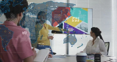 Business presenter gesturing slide sections causing world map animating link Stock Footage 314849062