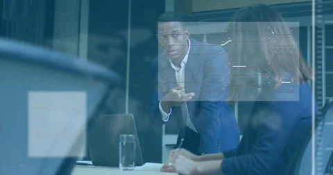 Business presenter pointing laptop while demonstrating insights with digital bar Stock Footage 317858519