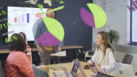 Business presenter pointing at slide, showing data as moving charts appearing Stock Footage 333255668