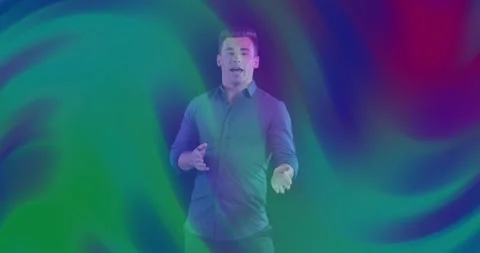 Business presenter starting tech talk by raising hand, emphasizing points with Stock Footage 328240426