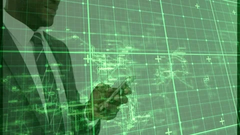 Business presenter tapping smartphone and initiating green grid schematic, Stock Footage 333444602