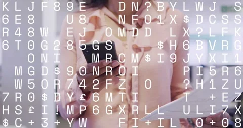Business pro checking phone and docs, tapping and comparing while code overlay Stock Footage 321591695