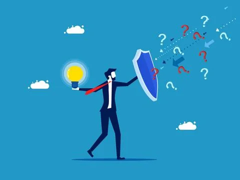 Business problem solving. Businessman protecting light bulb from question mar Stock Illustration