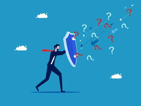 Business problem solving. Businessman with shield protects from question mark Stock Illustration