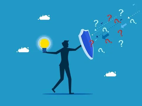 Business problem solving. man protecting light bulb from question mark Illustrazione stock