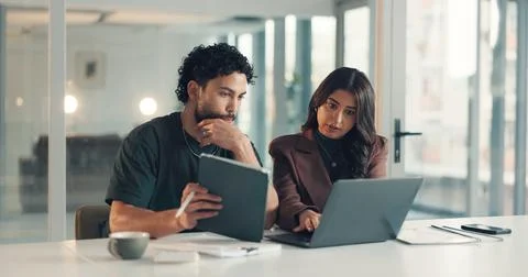 Business, problem solving or tech support with man and woman in office together Stock Photos