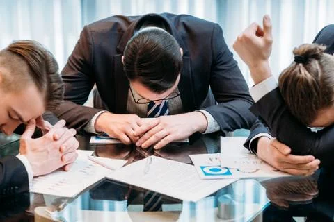Business problems stressed defeated team document Stock Photos