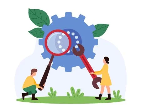 Business process analysis and improvement, technical support for project by tiny Stock Illustration