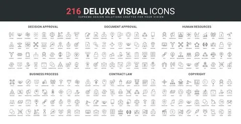 Business process and contract, document approval and law guarantee line icon set Stock Illustration