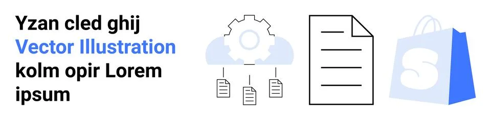 Business Process and E-commerce Concept with Gear, Document, and Shopping Bag Stock Illustration