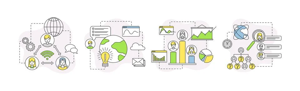Business Process and Startup Project Linear Vector Set Illustrazione stock