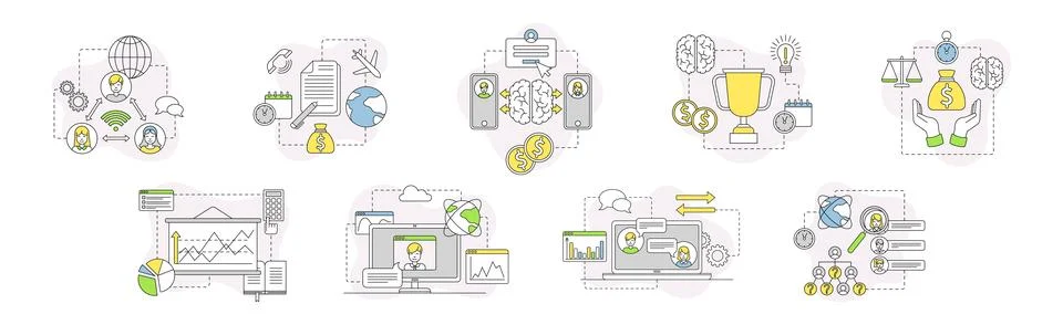 Business Process and Startup Project Linear Vector Set 스톡 일러스트