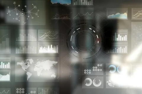 Business process and strategy on virtual screen. Data analysis. Workflow. 스톡 사진