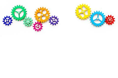 Business process and teamwork concept - working gears on office table, top view Stock Photos