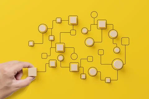 Business process and workflow automation with flowchart. Hand holding wooden  Stock Photos