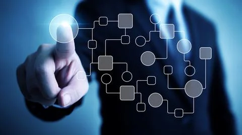 Business process and workflow automation with flowchart. Businessman pointing Stock Photos