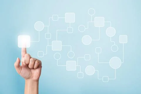 Business process and workflow automation with flowchart. Hand pointing illust Stockfoto's