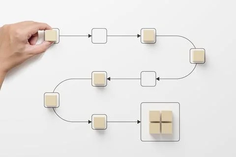 Business process and workflow automation with flowchart. Hand holding wooden  库存照片