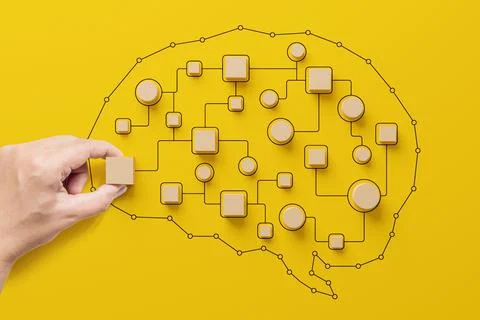 Business process and workflow automation with flowchart. Hand putting wooden  Stockfoto's