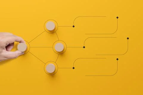Business process and workflow automation with flowchart. Hand holding woode.. 库存照片